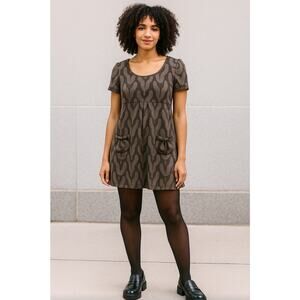 En Focus Studio Dress Womens Sz 12 BrownGray Print Y2K Babydoll Inverted Pleat